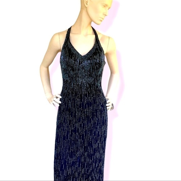 Adrianna Papell Vintage 90’ Boutique black silk beaded open back maxi dress 4 - Picture 1 of 8